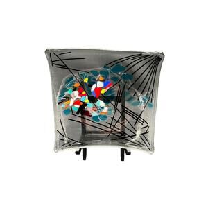 Beautiful Fused Glass Bowl Blues Reds Blacks Square w/ Corners Turned Up - EUC